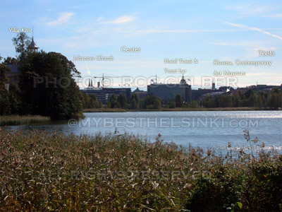 T&ouml;&ouml;l&ouml; Bay and buildings on its south side. Photo & pop-up photo &copy; Annu Lilja & &copy; R.C. Candolin-Gelber 1999, 2000-2008, 2009 -