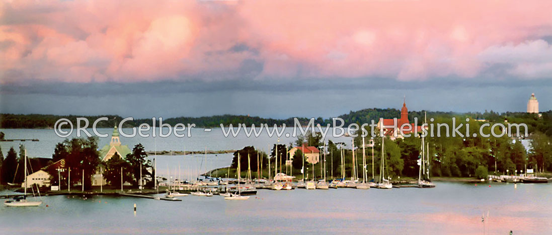Magic sunset light over Eteläsatama (South Harbor). Click photo for place names & larger view. © RC Gelber. Valkosaari and Klippan, sunset colors. - - All photos © RC Gelber. All Rights Reserved.