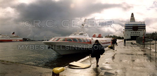 Helsinki South Harbor. Hyrdrofoil to Tallin. Silja Line to Stockholm in background. Far Left, Viking Line to Stockholm.