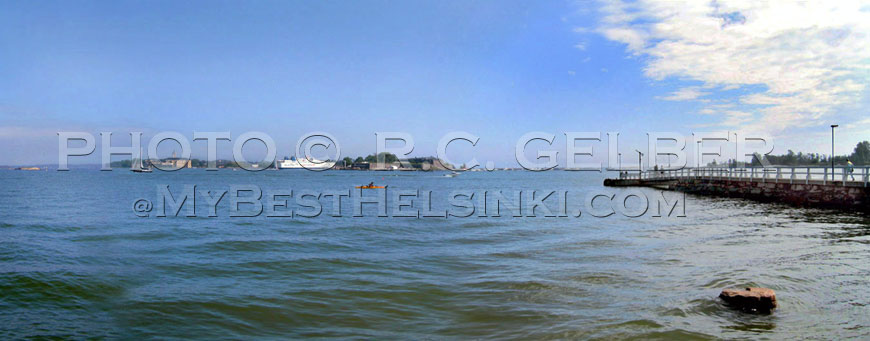 Looking south. Suomenlinna Fortress islands straight ahead, where the Tallin ferry is just entering the Kustaanmiekka Strait. Helsinki Sea view, looking south & at the Suomenlinna islands and Tallin ferry