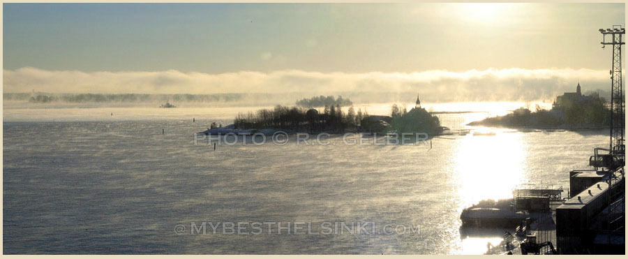 Ice mist at the South Harbor, view of Valkosaari & Klippan.