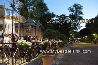 Restaurant Kappeli, Esplanade Park, Helsinki Finland. Bright summer night, beginning of July.