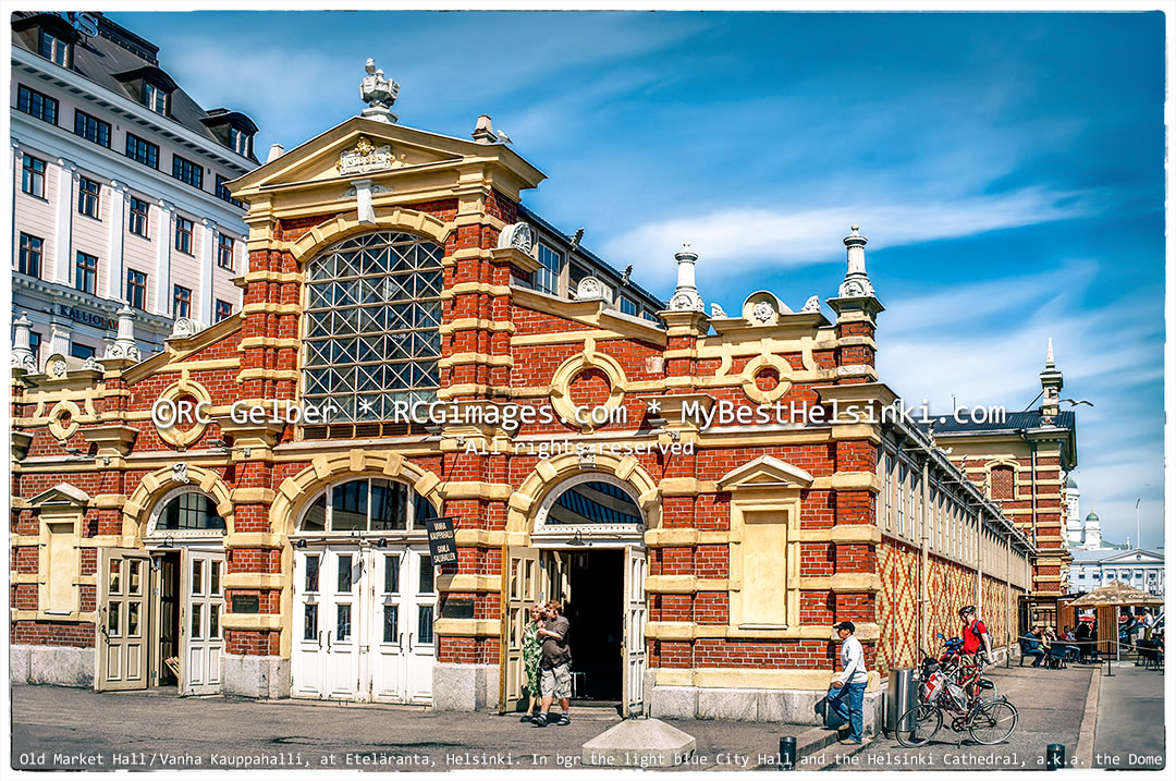 The old Market Hall / Vanha Kauppahalli at Eteläranta, looking toward South Harbor Market Square, City Hall and Helsinki Cathedral -the Dome