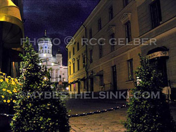 Beautiful sight: Helsinki Senate Square, Helsinki Cathedral, Helsinki Dome, glowing in the night. View from Sofia Street, in Helsinki center.