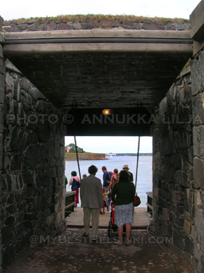 Looking & walking trough Kings Gate on Suomenlinna Fortress, Helsinki.