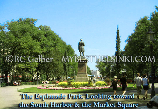Summer in Esplanade Park, Helsinki. Runeberg Statue. Photo & pop-up photo © RC Gelber